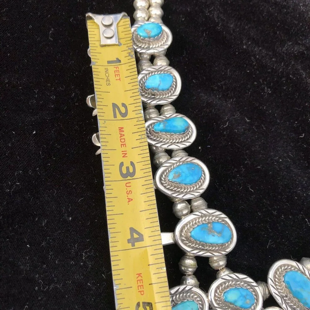 Vintage Sterling Silver Navajo Kingman Turquoise Squash Blossom Necklace Jewelry - Picture 16 of 16